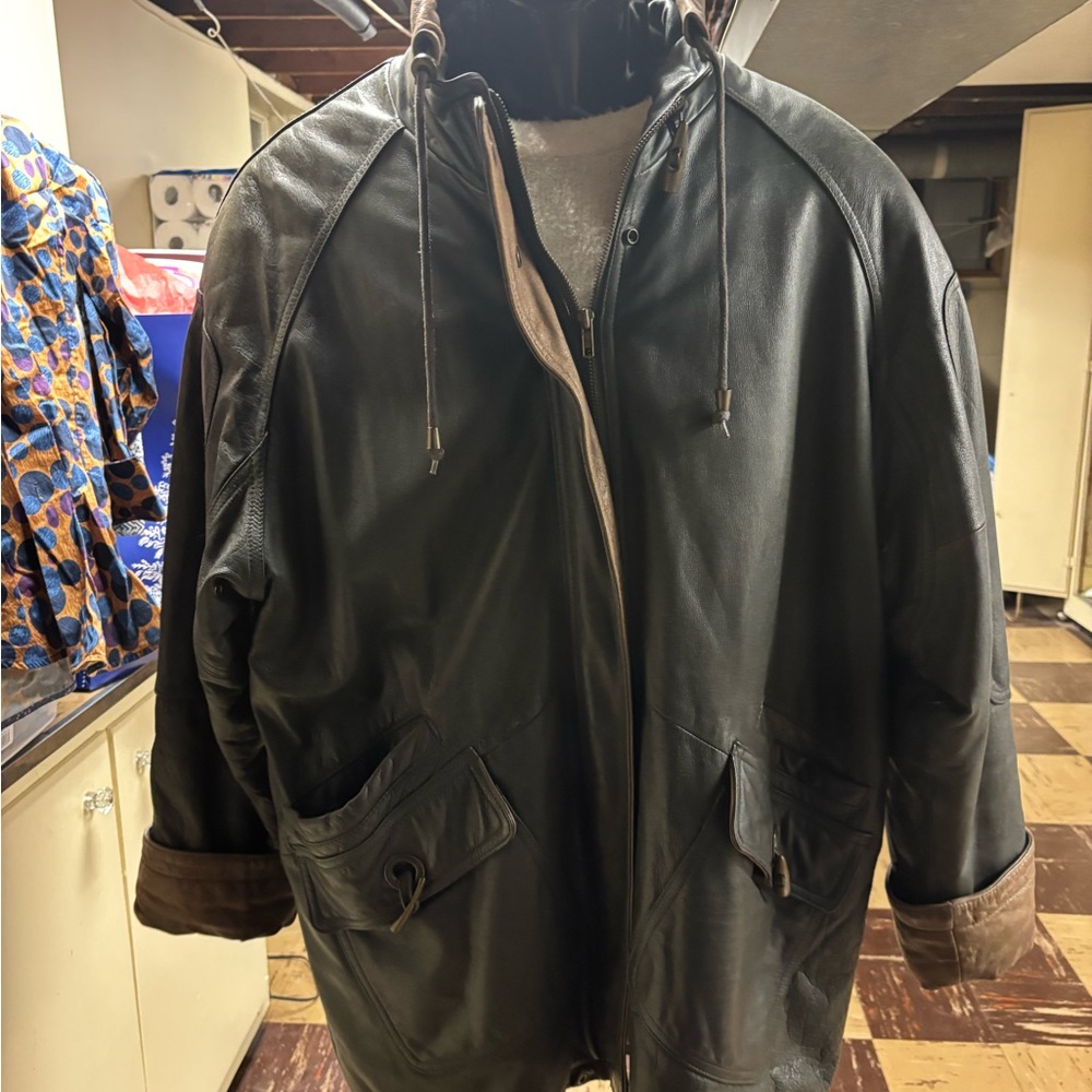 Men's Deep Olive Leather Jacket trimmed in beige